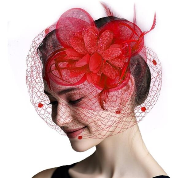 Women's Fascinators Flower Feathers with Veil Red - Picture 1 of 7